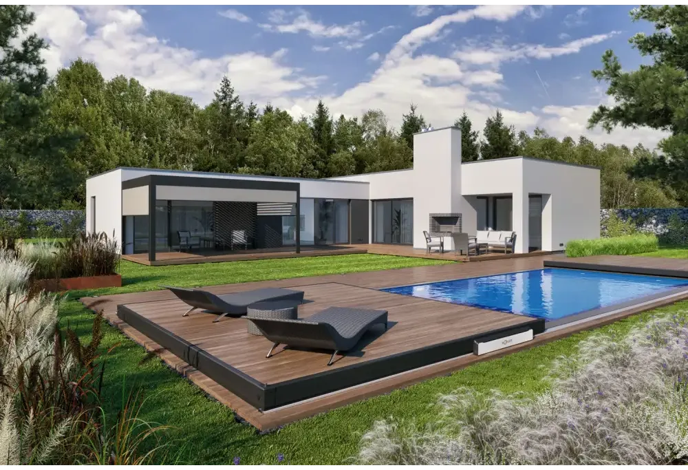 Modern vit och svart villa med mobil poolterrass och bergen deck